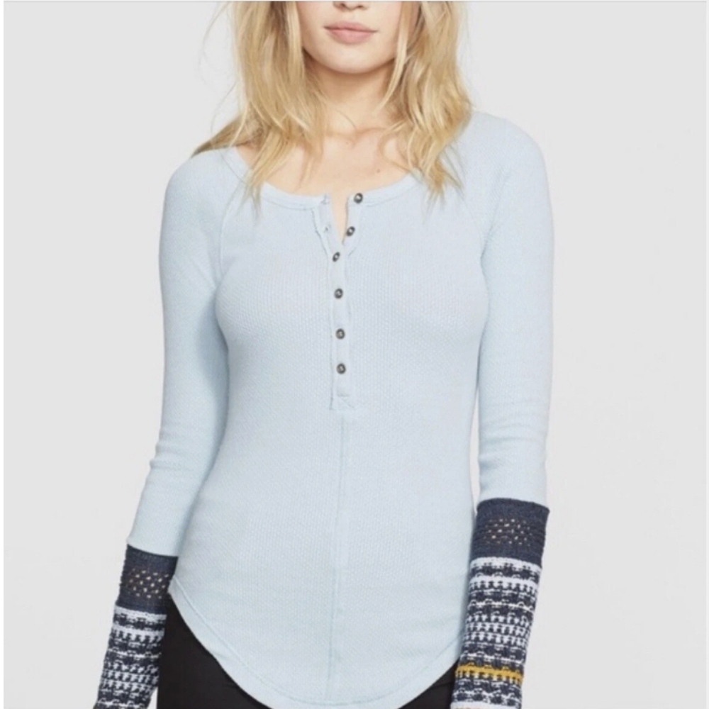 🍁🌺🍀Free People Newbie Ski Lodge patterned knit cuff waffle thermal henley top
